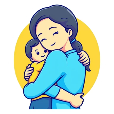 mother hugging daughter with pastel blue background and clothing sticker