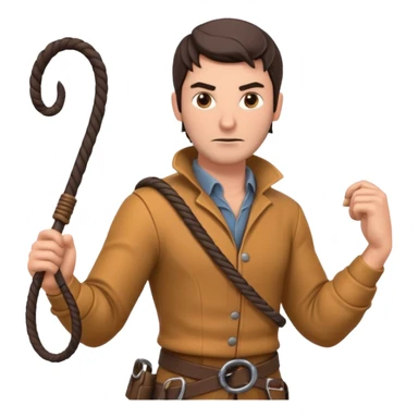 man with a whip portrait, head and shoulders only, whip coiled on shoulder, rugged outfit, confident look, 3D cartoon, mobile game icon style, clean background, no text, no watermark
 sticker