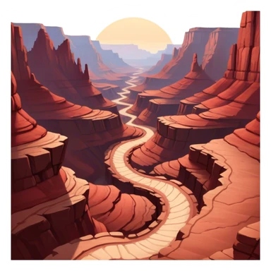 Cinematic Realistic Canyon Emoji, Vast and rugged, with deep red rock formations and winding paths leading down to a dry, dusty floor. Sunlight casts long shadows across the craggy surfaces, highlighting the layers of ancient rock. Soft glowing outline, capturing the essence of dramatic beauty and ancient history in a mighty canyon. sticker