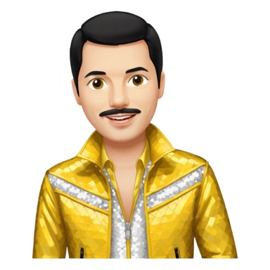 Freddie Mercury with black hair, white sequin shirt, yellow sequin jacket sticker