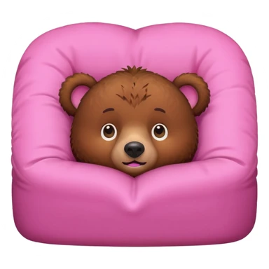 A brown bear in a pink bed, upside down and looking at the viewer with a quirky expression. sticker