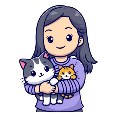 smiling girl with long hair holding a cat with silver stripes sticker