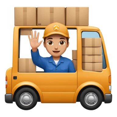 truck with a supplier in work uniform sitting inside, waving hi, lots of packages in the truck sticker