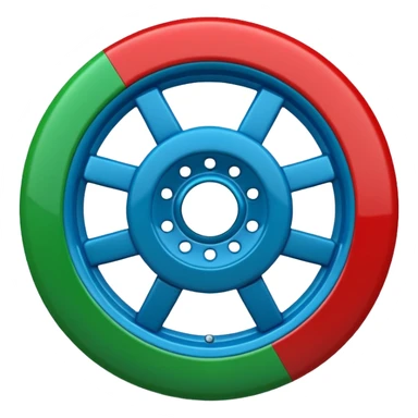 Glossy 3D emoji, blue top, green bottom, large red spoked wheel in center. Geometric symbol, no face. sticker