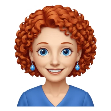 una profesora mayor simpática con el pelo rojo rizado, ojos azules, vestido azul y pendientes azules hablando altura completa sonriendo con los dientes sticker