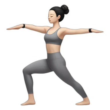 Pale skinned fit woman In a gray tight yoga suit and wristbands With black hair in a bun performs an asana sticker