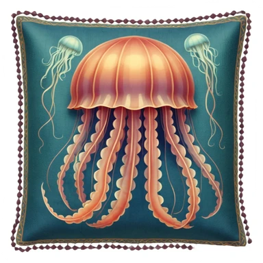 a beautiful jellyfish with a medieval design, tapestry style, woven texture, muted colors, historic medieval illustration sticker