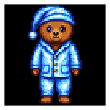 Add a nightcap to the bear in pajamas in pixel art style. The style should resemble pixel art with clear pixelated details and colors. sticker