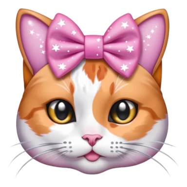 Calico cat with a pink bow on its head and silver sparkles surrounding it sticker