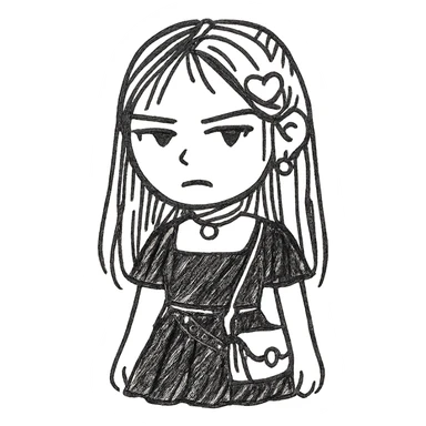 K-pop inspired gothic girl, hand drawn sketch style, moody expression, black dress, trendy accessories sticker