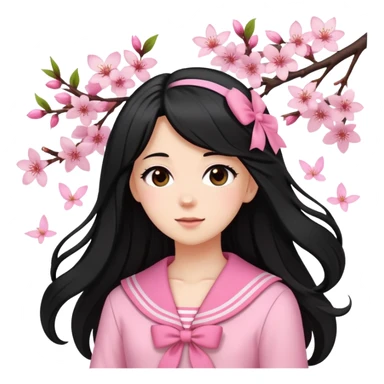  A white girl with a Black long hair, and a Pink sailor suit, enjoying the spring breeze，Wearing cherry blossoms on your hair sticker