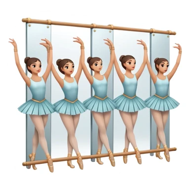 Icon for Choreography: a group of dancers in identical poses, standing by a wall with all wall long mirror, holding a long barre with one hand. The icon should capture the discipline and synchronized movement of dance training. Transparent background. sticker