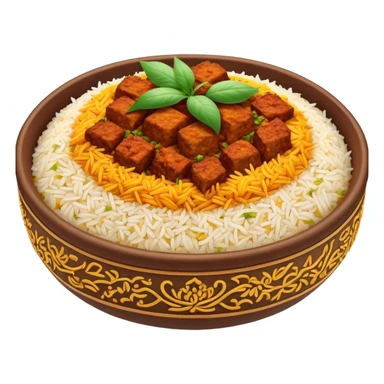 Cinematic Realistic Biryani Dish Emoji, depicted as aromatic basmati rice layered with spiced meat and herbs rendered with vibrant textures and warm, inviting lighting. sticker