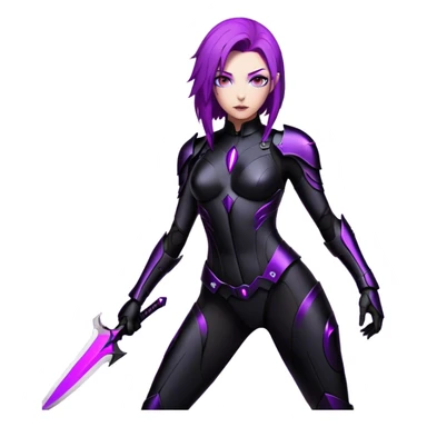 A sleek warrior woman with flowing purple hair, her sharp violet eyes glowing with quiet intensity. She wears a form-fitting black armored suit with smooth, seamless plating, a fusion of high-tech design and elegant minimalism. The matte black surface subtly reflects the dim ambient light, highlighting the streamlined contours of her suit. A slim, obsidian blade rests at her side, its edge barely visible in the soft glow of floating digital glyphs around her. Her expression is poised—calm, calculated, and unwavering, standing against a gradient-lit backdrop, where darkness meets the faintest hint of neon luminescence. sticker