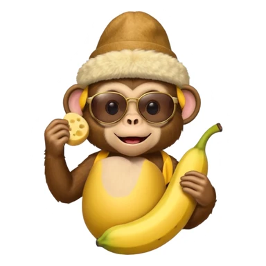 A monkey with sunglasses and a banana with a hat made out of cheese sticker