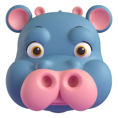 3D emoji style hippo face, front view, round snout, expressive eyes, simple and cute sticker