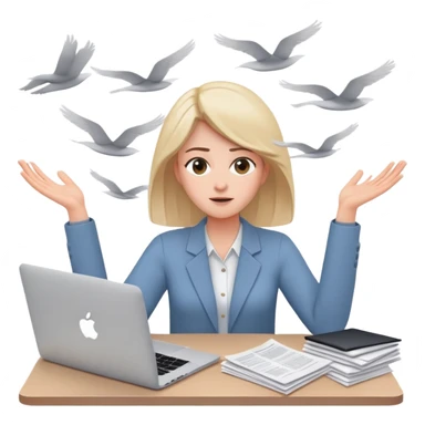 tired woman sitting at a desk with a MacBook, holding her arms out to the side, surrounded by lots of flying papers sticker