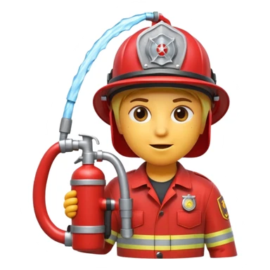 A 3D Apple-style emoji character dressed as a firefighter in a bright red uniform and helmet, holding a fire hose spraying water forward, determined expression with cartoonish eyes, water splashing effect, clean minimal background sticker