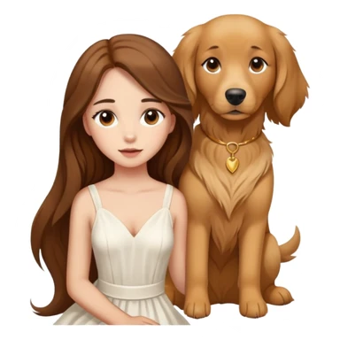 A beautiful girl with big eyes, fair skin, long brown hair with white dress and a Golden Retriever dog sticker