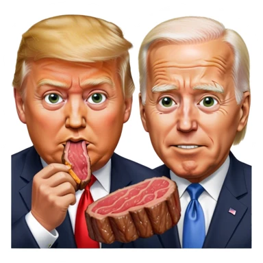 photorealistic Donald Trump and Biden eating a steak shaped like an piece of land sticker