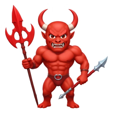 Red devil emoji, 3D cartoon style, muscular body, bright red skin, big curved white horns, angry face, sharp teeth smile, holding red trident, glossy emoji texture, centered character, GREEN SCREEN BACKGROUND, solid green color sticker
