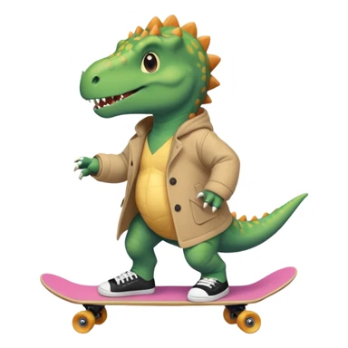 a dinosaur on a skateboard wearing a coat with sneakers in the bottom a cute pokie hairball on the top sticker