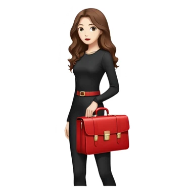 Young woman with long wavy brown hair, wearing black tight-fitting clothes with long sleeves. She is holding a large red briefcase with metallic details. View in profile, neutral facial expression, background is light and minimalistic. The style is modern and elegant. The emoji should convey a sense of confidence and style. sticker