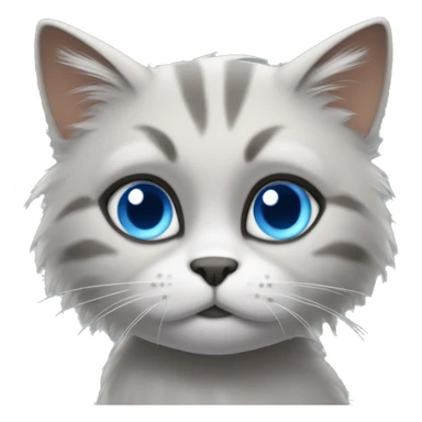 A cat with grey fur that has blue eyes, with a textin orangy letters saying rip above it head sticker