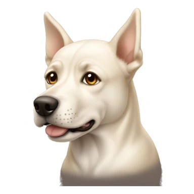cream white colored dog, long face, pointy ears, brown eyes, light brown nose sticker