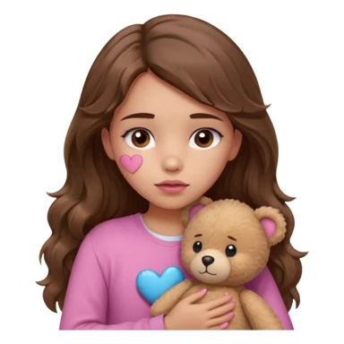 girl with long wavy brown hair, brown eyes, light to medium complexion, in a pink shirt, pink lips, long lashes, sad, hugging squeezing a teddy bear with bandaid hearts sticker