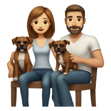 a girl with brown hair, a man with short buzz brown hair with a beard, sitting, with two brown boxer dogs sticker
