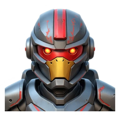 futuristic war robot portrait, head and shoulders only, aggressive design, sharp armor edges, glowing red eyes, battle-damaged helmet faceplate, heavy armor collar, intense dramatic lighting, sci-fi metal textures, 3D cartoon, mobile game icon style, clean background, no text, no watermark
 sticker