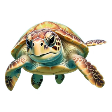 Cinematic Cute Sea Turtle Portrait Emoji, Head tilted playfully and inquisitively, featuring a charming, compact form with a beautifully patterned, domed shell and gentle, sparkling eyes full of oceanic wonder, Simplified yet irresistibly adorable features, highly detailed, glowing with a warm, friendly sea glow, high shine, affectionate and lively, stylized with a touch of whimsical marine charm, soft glowing outline, capturing the essence of a mischievous yet loving sea turtle that seems as if it could swim out of the screen into your arms! sticker
