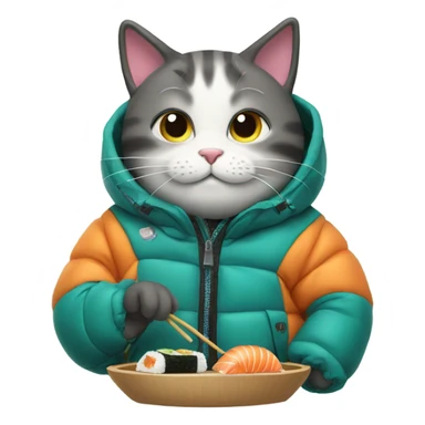 cat wearing a puffy jacket eating sushi sticker