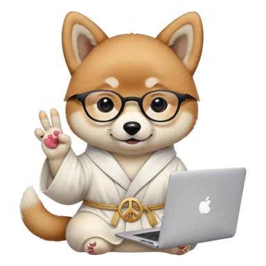 a Shiba Inu puppy wearing a white professor robe and glasses showing a piece sign with in one hand and holding a MacBook in another hand  sticker