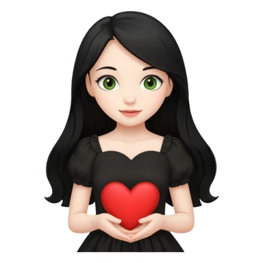 Pale girl with long black hair and olive green eyes soft smile wearing black dress and holding a heart sticker