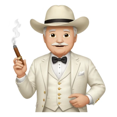 Create an emoji of an older, chubby man wearing an elegant all‑white suit with white waistcoat, white bow tie, and a large white cowboy hat. He is smirking confidently and holding a lit cigar in one hand in front of his chest. The character should look like a greedy, arrogant rich politician. sticker