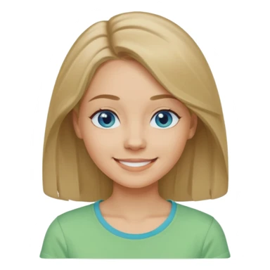 A woman with light skin, longer shoulder-length dark blonde hair, blue eyes, smiling face, wearing a pastel green t-shirt. The emoji should be in Apple-style, minimalistic, colorful, and round-faced. Show only the face or bust (not full body). sticker