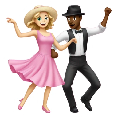 A white girl dancing in a pink dress with a white guy dancing in a pink hat sticker