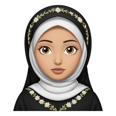 Make a emoji of a Muslim girl wearing a white hijab and makeup on her face, with only her eyes visible and her full body covered in an abaya or burqa. sticker