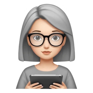 girl in a light gray dress and black square glasses studying with an Ipad. sticker