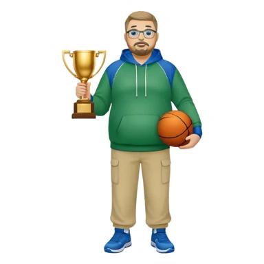 full body white obese male basketball coach with trophy. Goatee , Wearing glasses and blue and green hoodie and khaki pants sticker