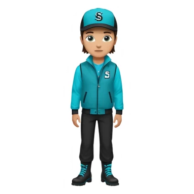 A landscaper in a beautiful turquoise jacket with long sleeves and turquoise boots, black pants, and a black sleeveless shirt. On his head is a black Swissotel baseball cap. The girl is a brunette with blue eyes. sticker