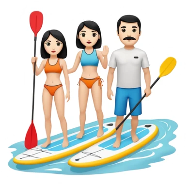 Make a couple paddle boarding both white skin and black hair and the guy has a black mustache, both in the same paddle board sticker