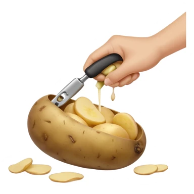 hand peeling a potato with a small kitchen peeler, potato skin curling off, simple white background, realistic textures, clean and bright, fun expressive design



 sticker