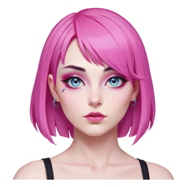 Vi from Arcane (Netflix Animation)

Face Shape: Strong, angular with high cheekbones and a defined jawline. Slightly pointed chin.
Skin Tone: Fair with a pinkish undertone.
Eyes: Large, almond-shaped, slightly downward-tilted, grey/light-blue.
Eyebrows: Thick, sharp, slightly arched, adding to her bold expression.
Nose: Small to medium with a slightly upturned tip.
Lips: Full but not overly plump, often pursed or smirking.
Hair: Vivid pink/magenta, left side shaved, right side with long, voluminous bangs partially covering her eye. The back is short and messy.
Other Features: Light freckles, a scar on her right eyebrow.
Expression: Intense and confident, often smirking or glaring.
Accessories: Small silver hoop earring in her left ear.
Tattoo: Roman numeral "VI" on her left cheekbone, below her eye. sticker