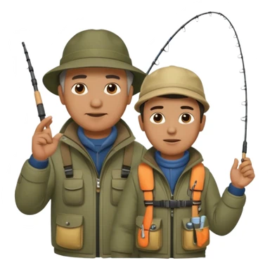 Father and son in fishing gear gesturing that they are cold sticker