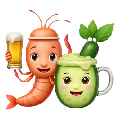 Emoji-style food mascots, NOT human.
Two cute shrimp characters, simple cartoon faces, big round eyes, small smiles.
One shrimp holding a beer mug with foam, the other holding an aguachile bowl with cucumber and chili.
Flat + soft 3D style, clean shapes, no human facial details, no realistic skin.

 sticker