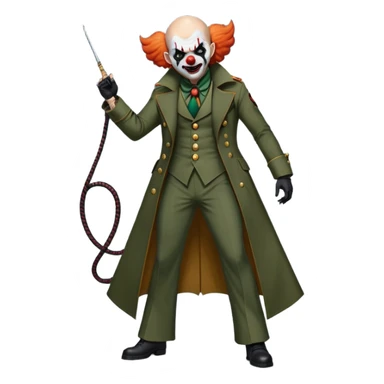 evil clown, bald, small black horns on forehead, fangs, pointed ears, eye patch over one eye, long coat over black and military green leisure suit with bellbottom pants, tail, holding a different style of whip, realistically proportioned, less bulky, full body, battle-ready, fighting posture sticker