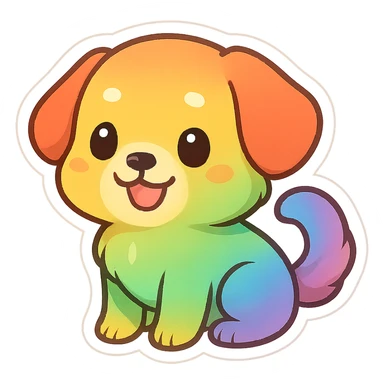 cute and exaggerated chibi sticker-style rainbow dog sticker
